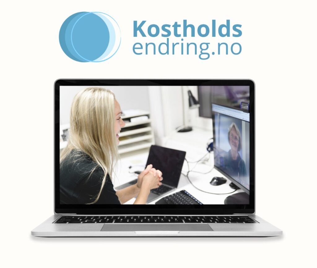 Logo Kostholdsendring.no og bilde av en av vår kliniske ernæringsfysiologer som avholder videotime med sin klient. Bilde skal illustrere det faktum at vi har spesialisert oss på kostholdsveiledning over video.